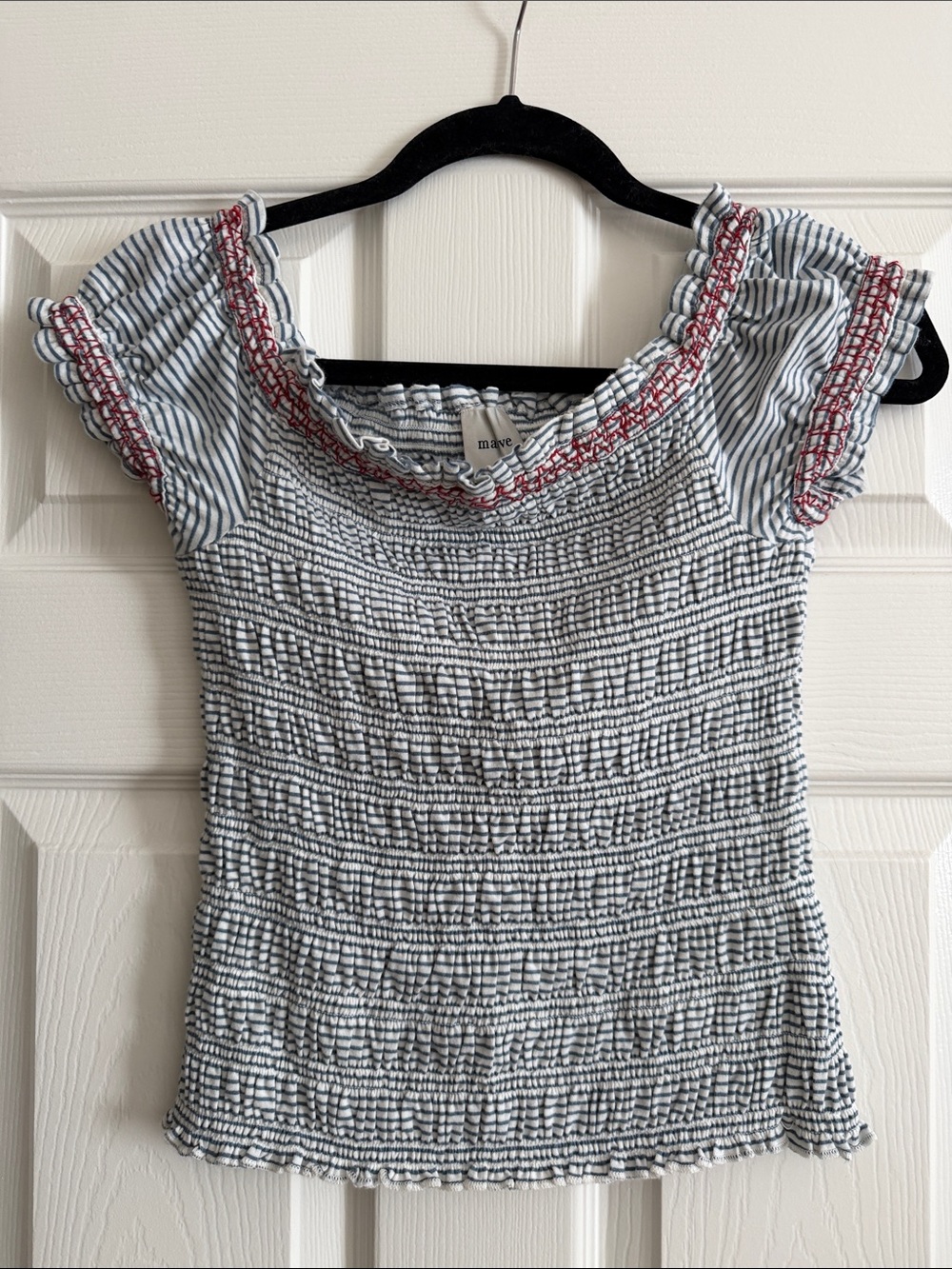 Anthropologie Maeve Striped Smocked Off-Shoulder Crop Top with Red Trim
